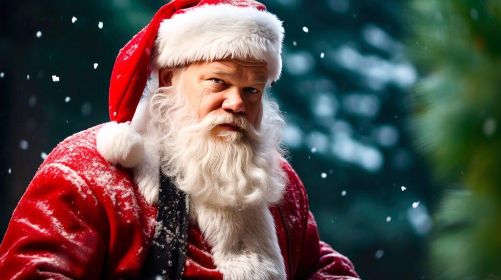 Matt Damon (Jason Bourne) als Weihnachtsmann (KI-generiert)