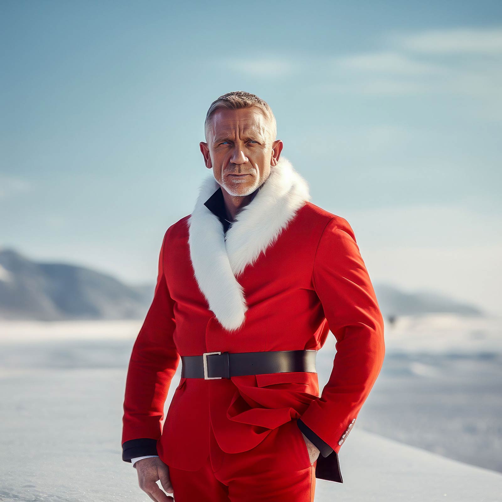 KI-generiertes Foto von Daniel Craig im Weihnachtsmann-Anzug
