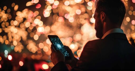 Cover-Foto "iPhone neu starten ohne Tasten": Mann hält vor einem Feuerwerk sein iPhone hoch, welches gerade neu startet