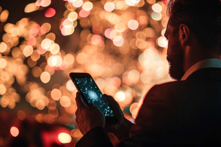 Cover-Foto "iPhone neu starten ohne Tasten": Mann hält vor einem Feuerwerk sein iPhone hoch, welches gerade neu startet