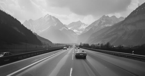 Autos auf der Autobahn, im Hintergrund die Schweizer Alpen.